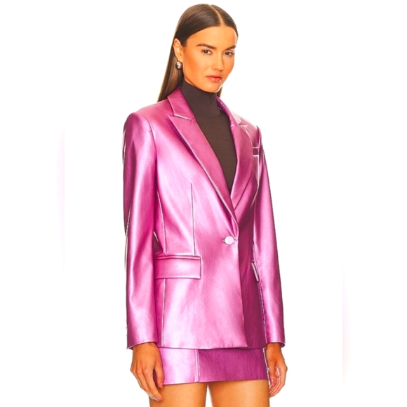 SALE Revolve Milly Vegan Alexa  Crinkled Leather Blazer in Pink, Metallic, 6 NWT - Picture 3 of 10